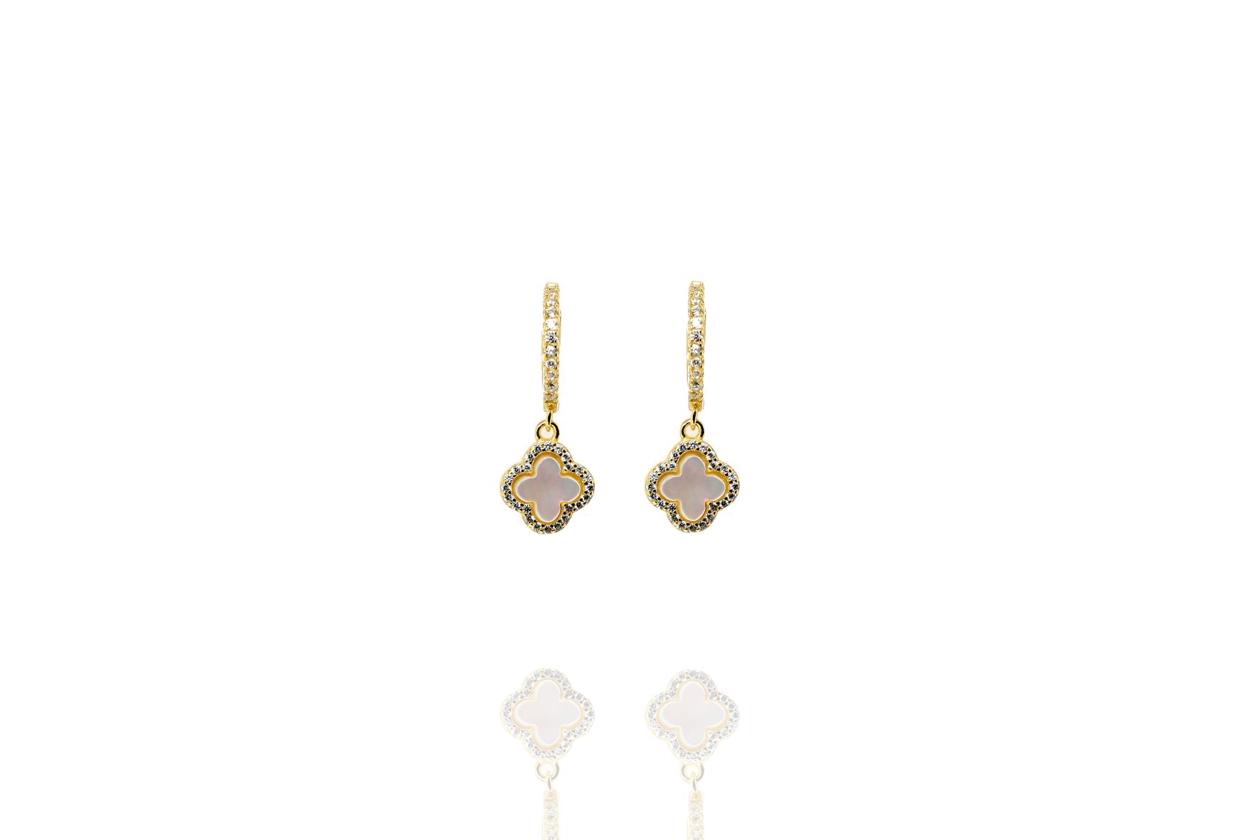Sterling Silver Gold Plated Hoop Earrings with a Mother of Pearl Drop Rimmed with CZ